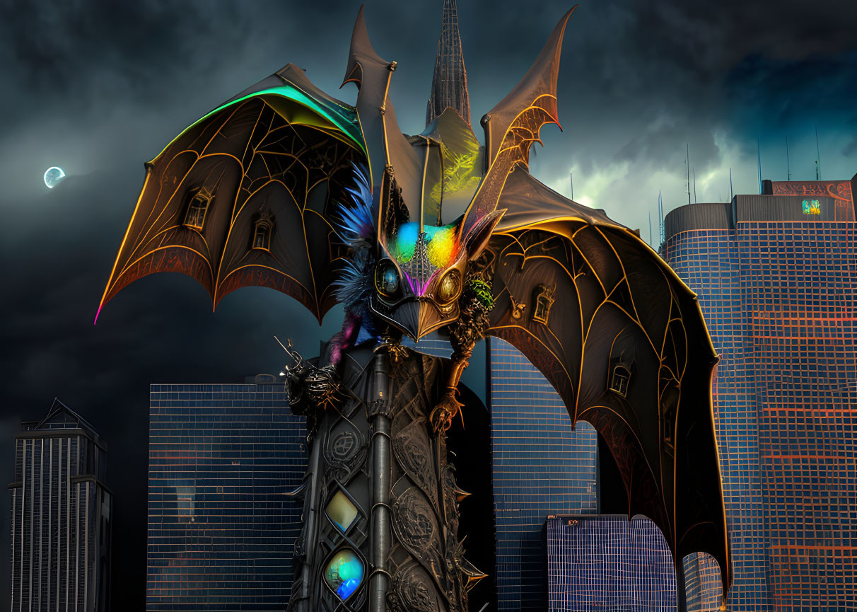 Colorful dragon-like creature on gothic structure in cityscape with dark clouds.