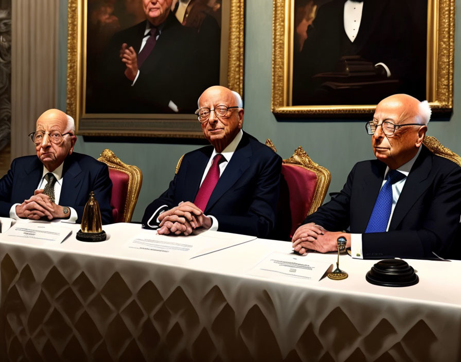 Three identical bald man wax figures in suits at table with papers and portraits