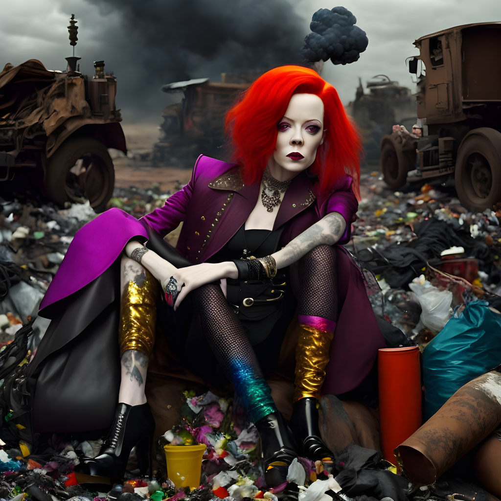 Red-haired woman with gothic makeup on trash heap in dystopian setting