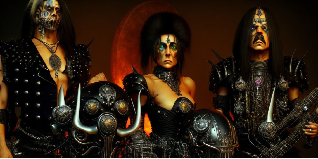 Three individuals in futuristic gothic attire with spiked accessories and masks, one holding a guitar, against a