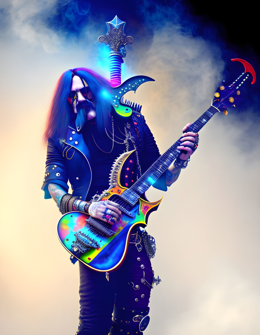 Person in fantasy rock attire playing guitar with smoke and lighting effects