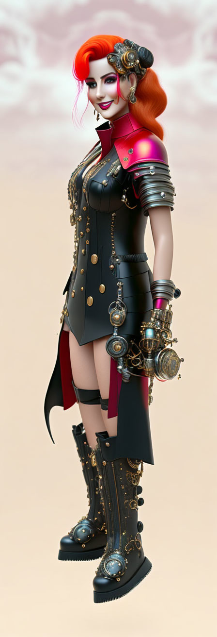 Steampunk-inspired digital artwork of female figure with red hair and mechanical arm accessories