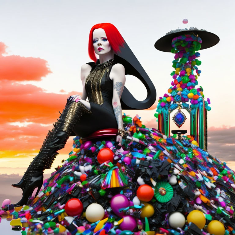 Woman with Red and Black Hair Sitting on Colorful Ball Mound at Sunset