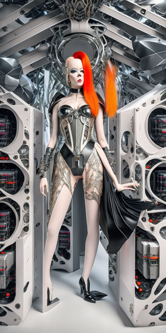 Striking futuristic woman with red and black hair in metallic attire among high-tech machinery