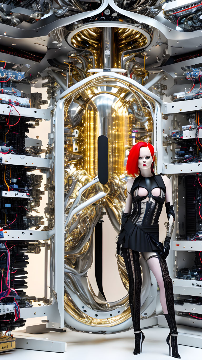 Stylized female android with red hair in futuristic chamber