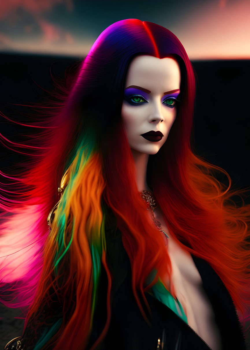 Colorful digital portrait of a woman with multicolored hair and green eyes against a sunset sky