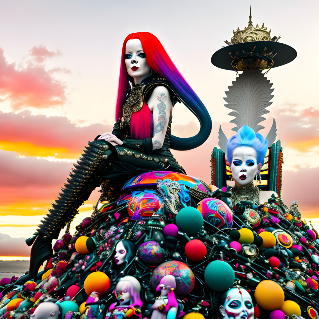 Colorful, surreal image with stylized figures and vibrant attire on eclectic mound