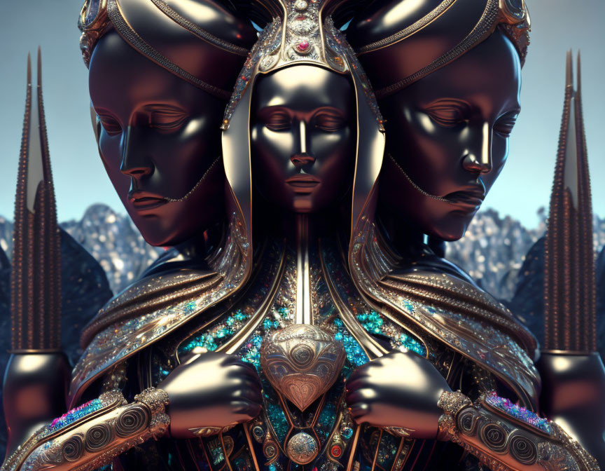 Surrealist image: Mirrored humanoid figures with ornate headgear and armor against mountainous backdrop