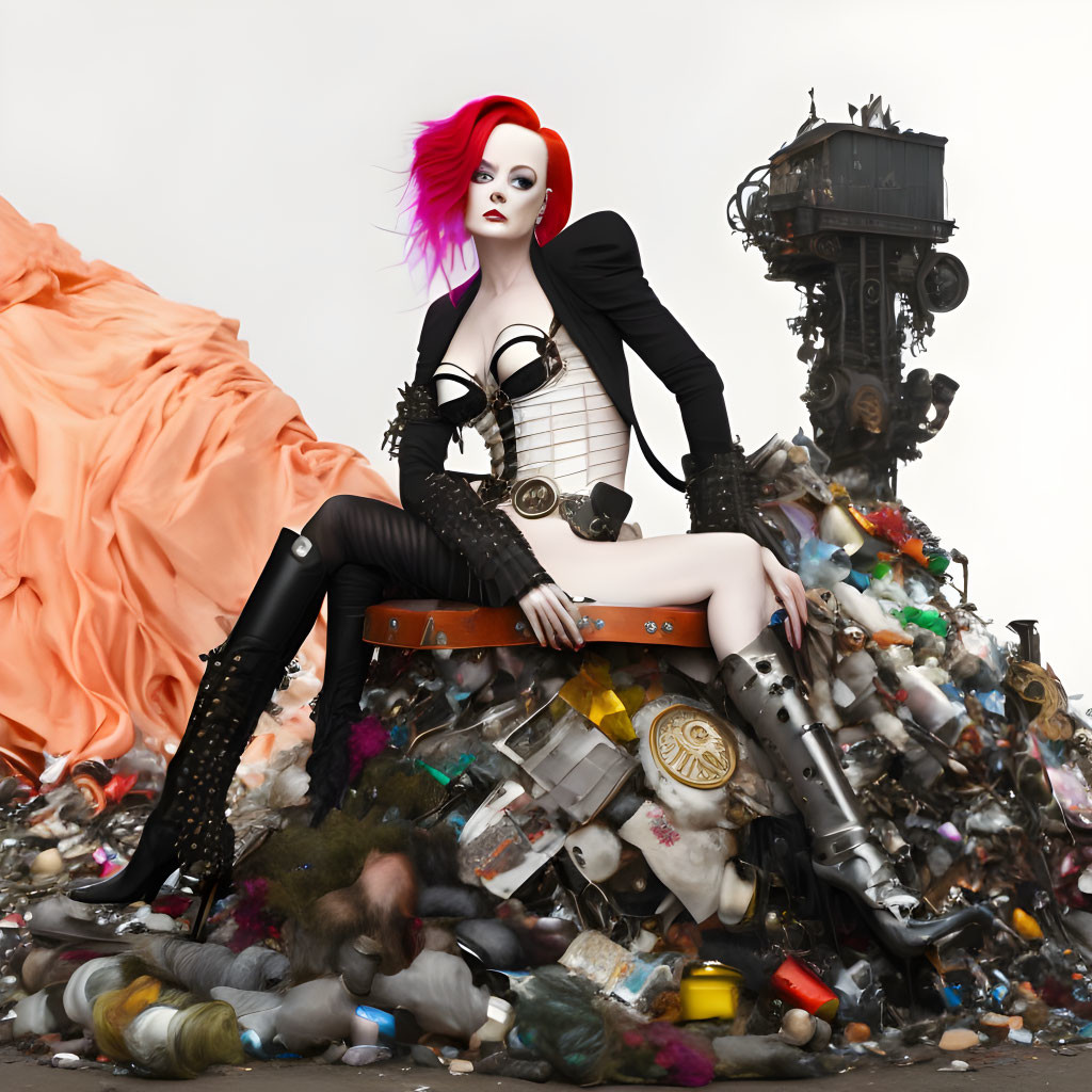 Vibrant pink hair and dark makeup on a person in black attire atop debris