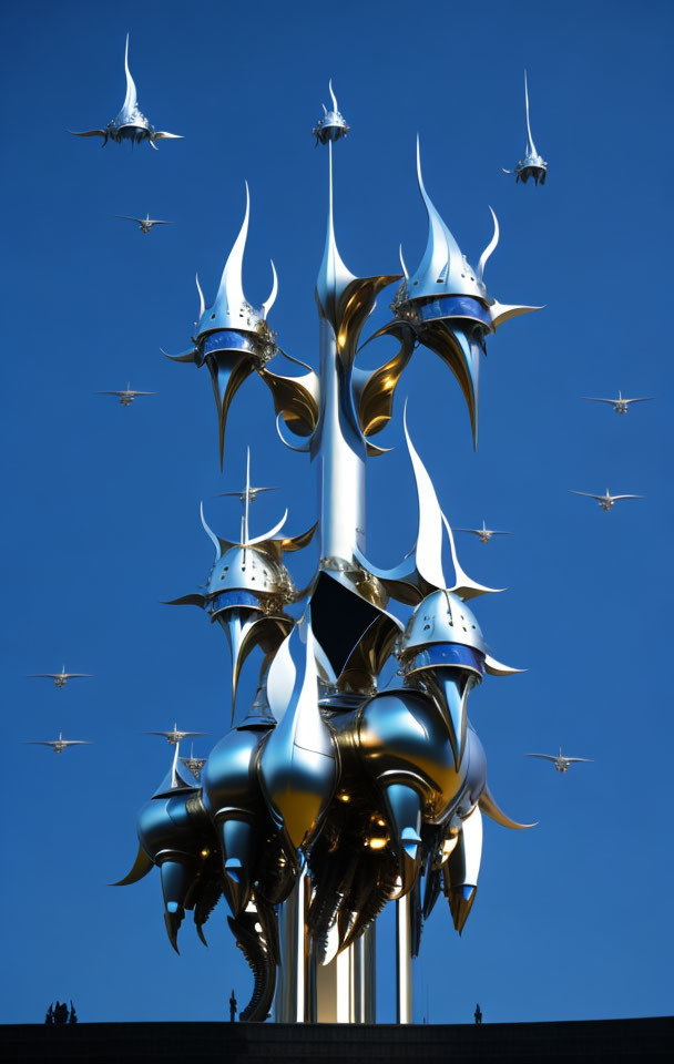 Silver and Gold Futuristic Sculpture Against Blue Sky with Bird-like Elements