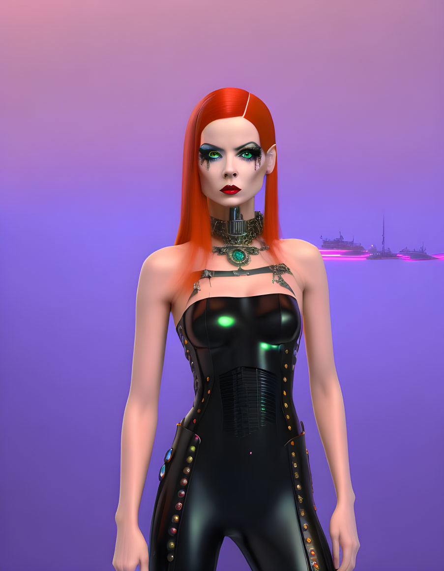 Futuristic woman with red hair and cyberpunk attire on purple background