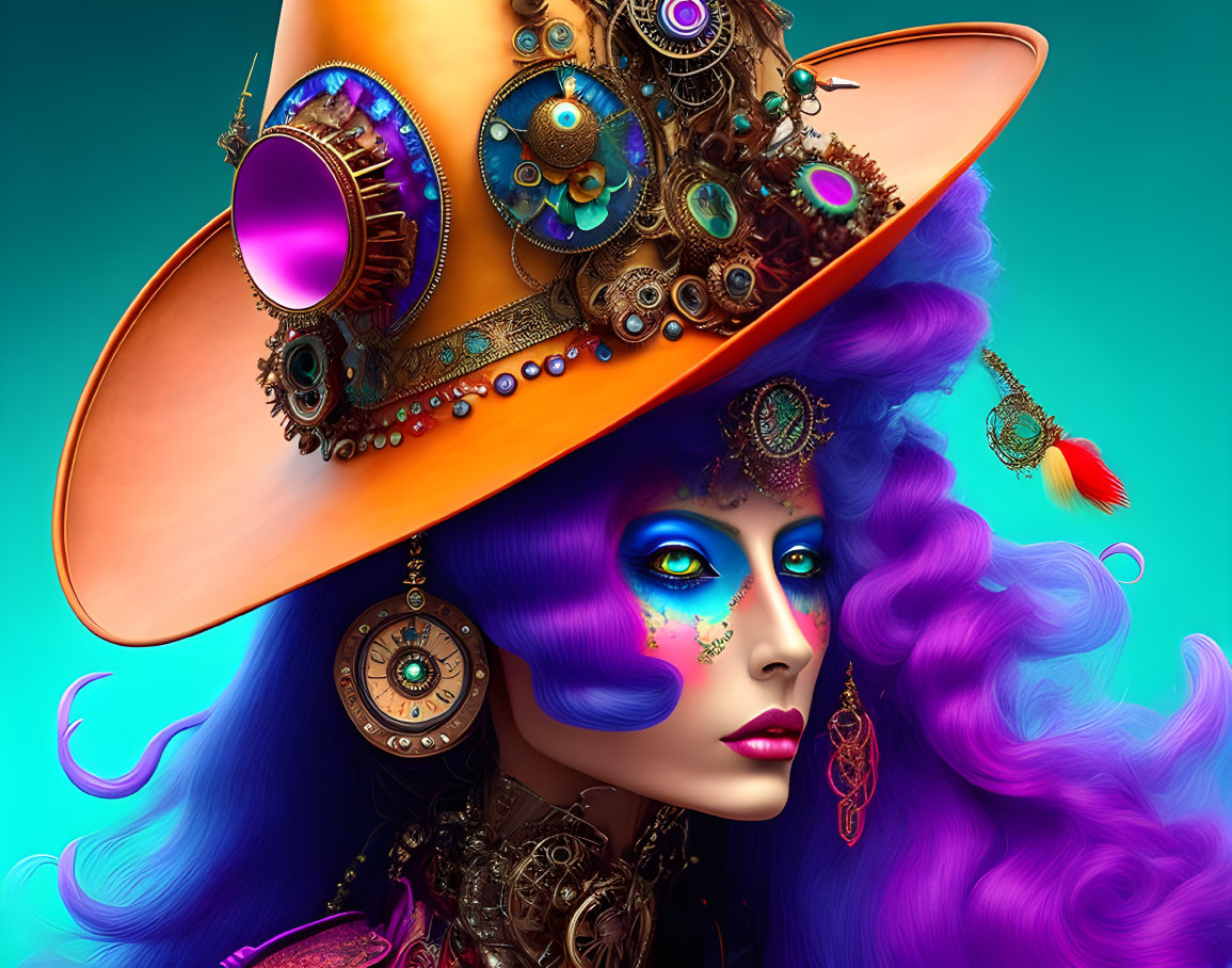 Colorful Woman with Purple Hair and Steampunk Accessories on Teal Background