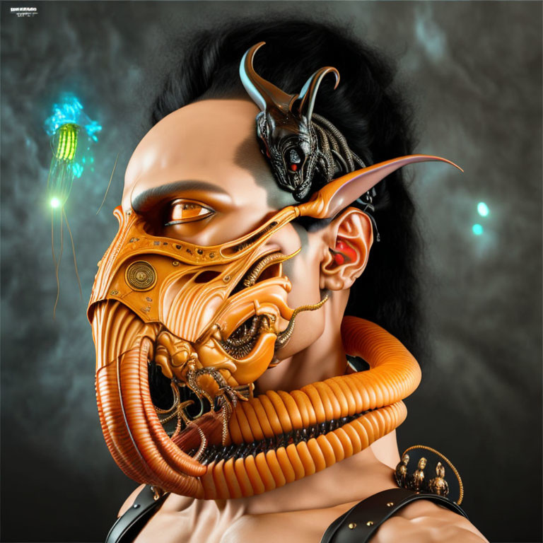 Elaborate Orange Cybernetic Mask with Black Horn-like Structures