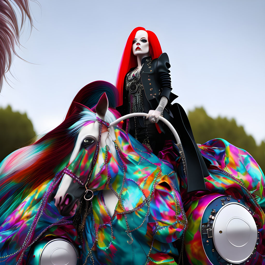 Person with red hair in gothic attire riding multicolored horse in vibrant image