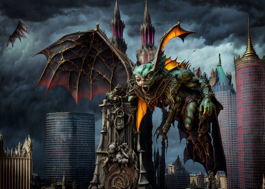 Menacing dragon on Gothic structure in stormy cityscape