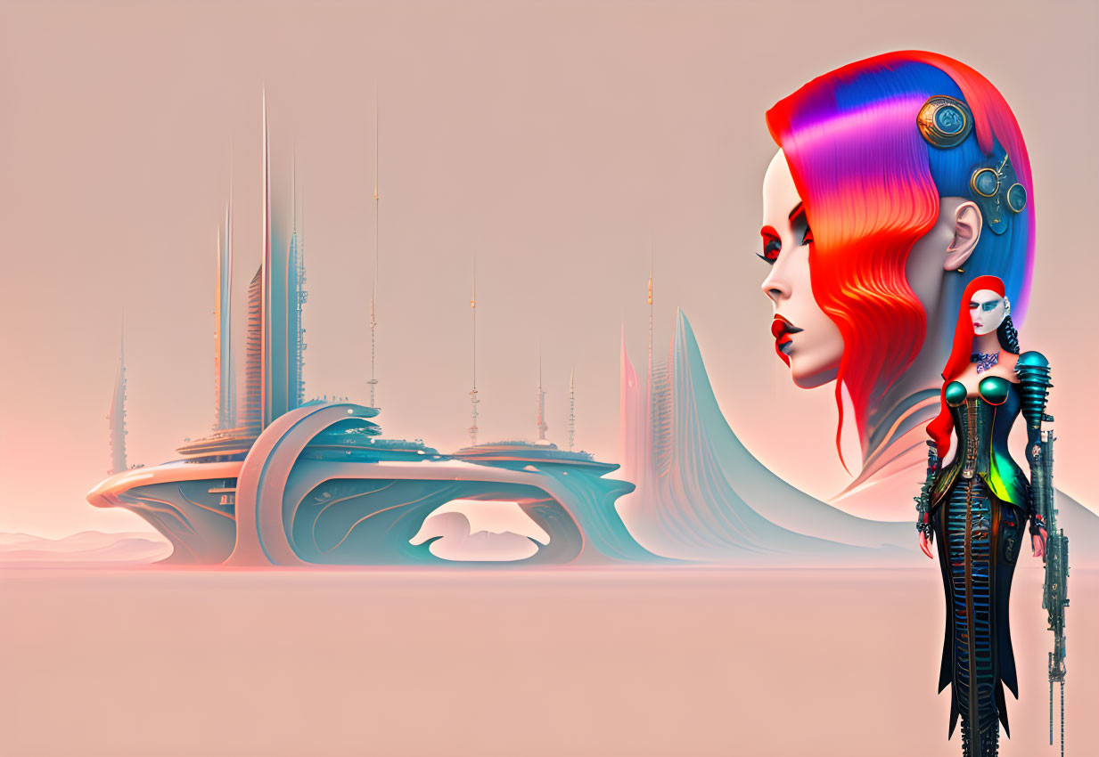 Futuristic cityscape with sleek buildings and stylized female cyborg head profile