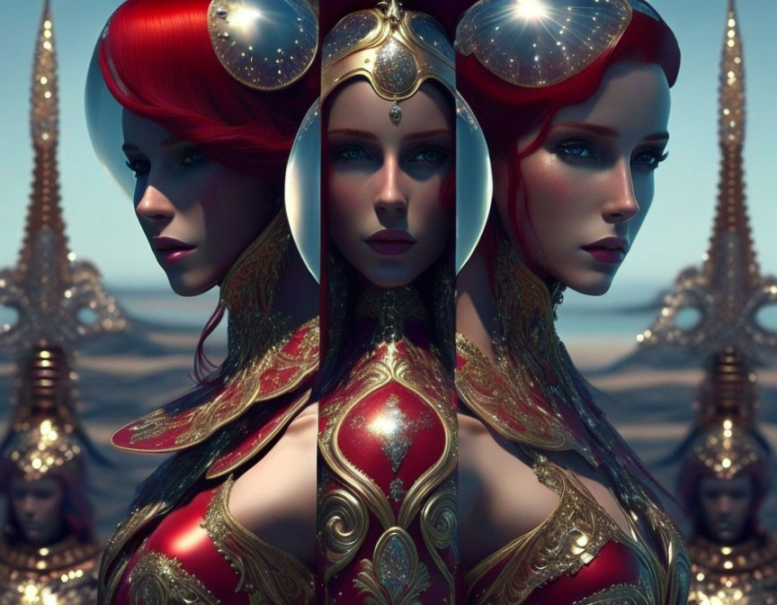 Digital artwork: Woman with red hair, blue eyes in gold armor with regal headdress and mirrored