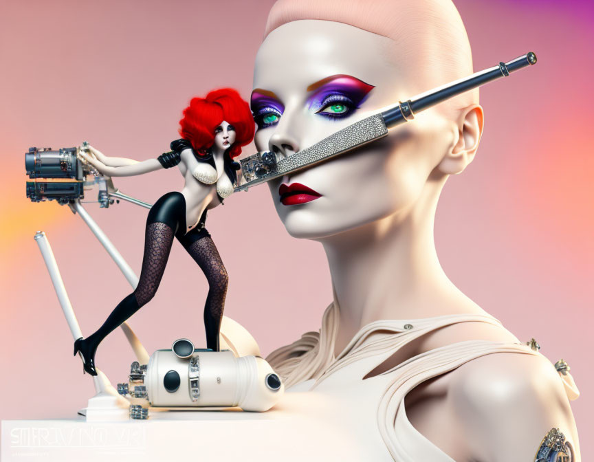 Futuristic female humanoid robot with small figure and sniper rifle