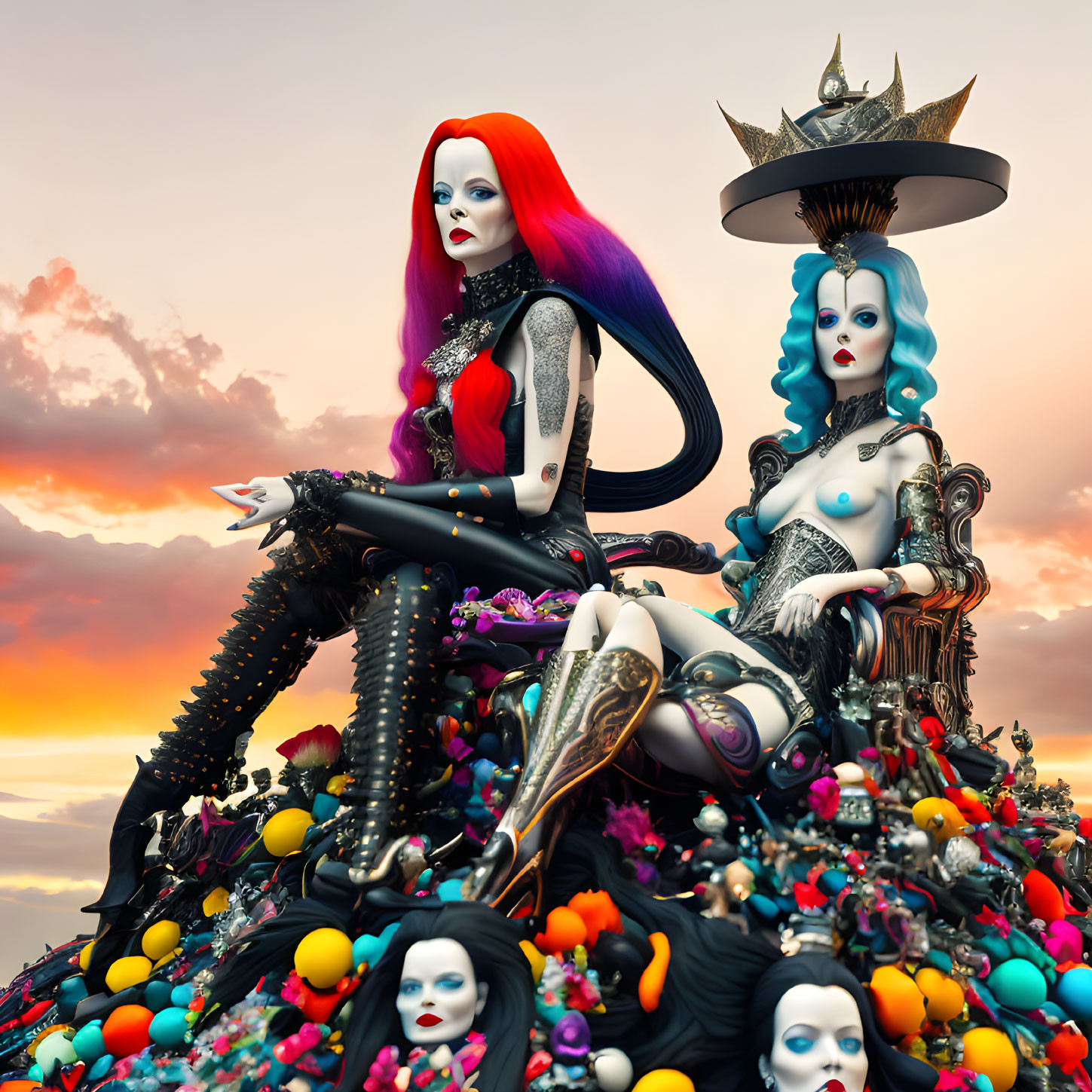 Colorful hair and elaborate outfits on stylized female figures against sunset sky