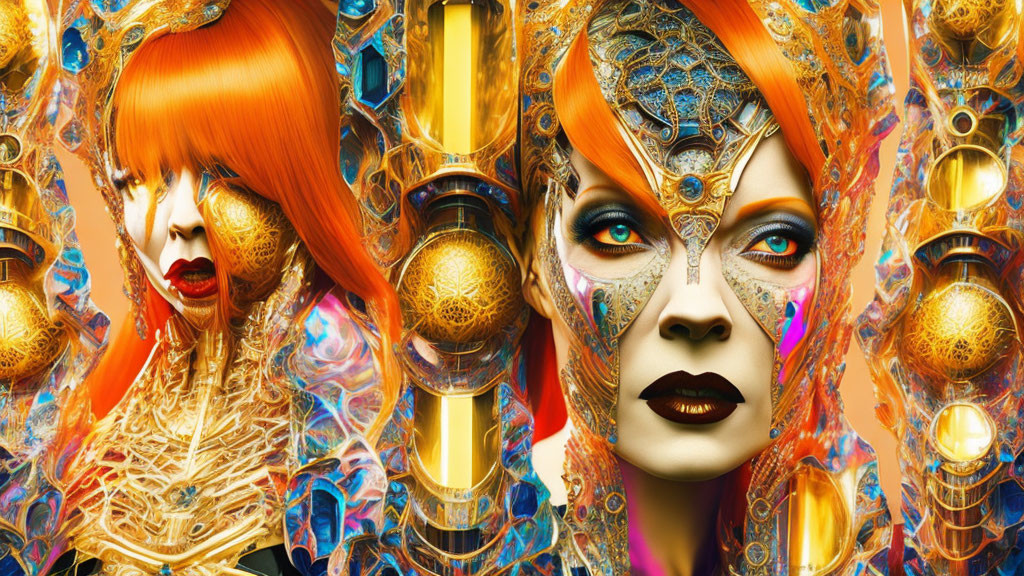 Ornate headgear, red hair, gold and blue makeup on futuristic female figure