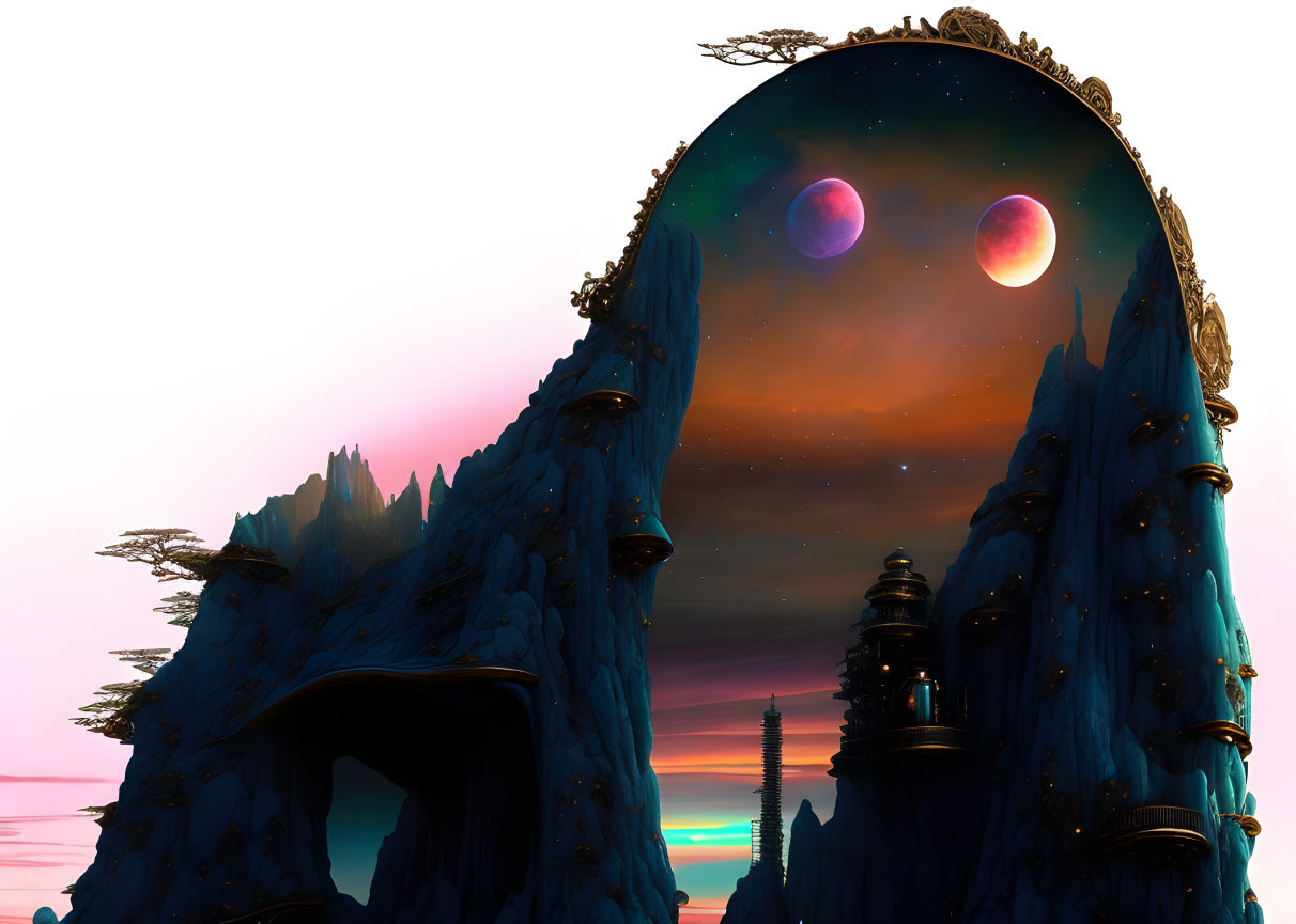 Surreal landscape with arch, starry sky, moons, rocky formations, and futuristic tower.