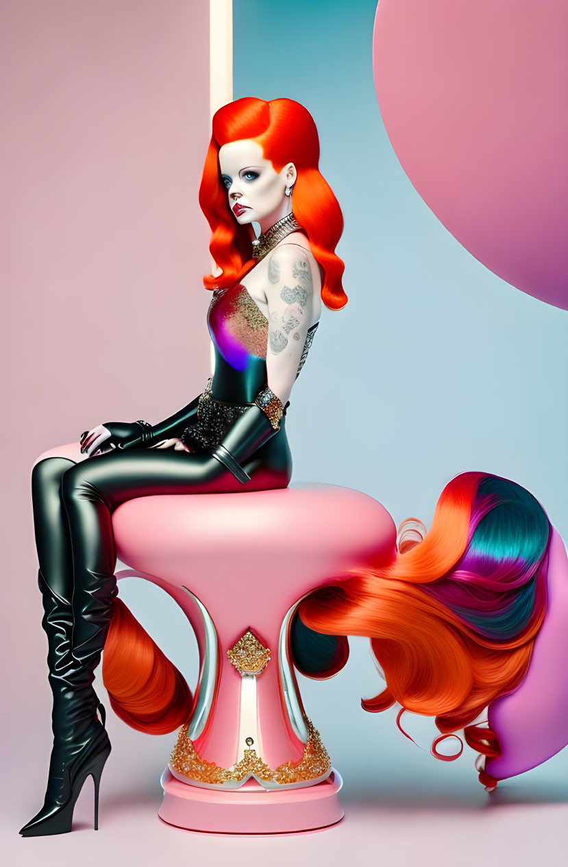 Vibrant red-haired woman in black latex attire with tattoos on pink stool against pastel background