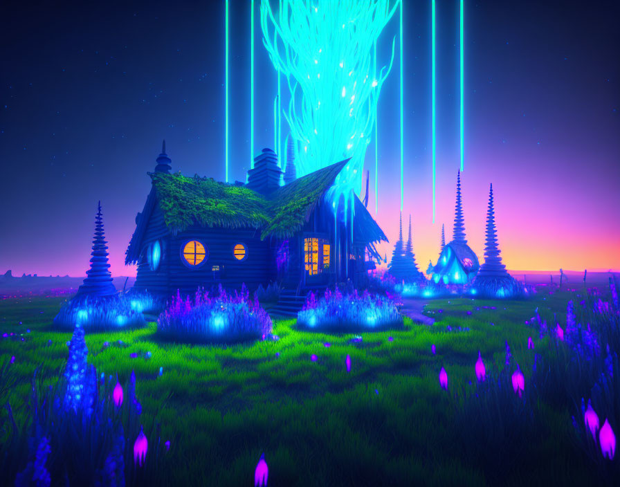 Whimsical cottage in mystical field with glowing windows and vibrant blue energy beams