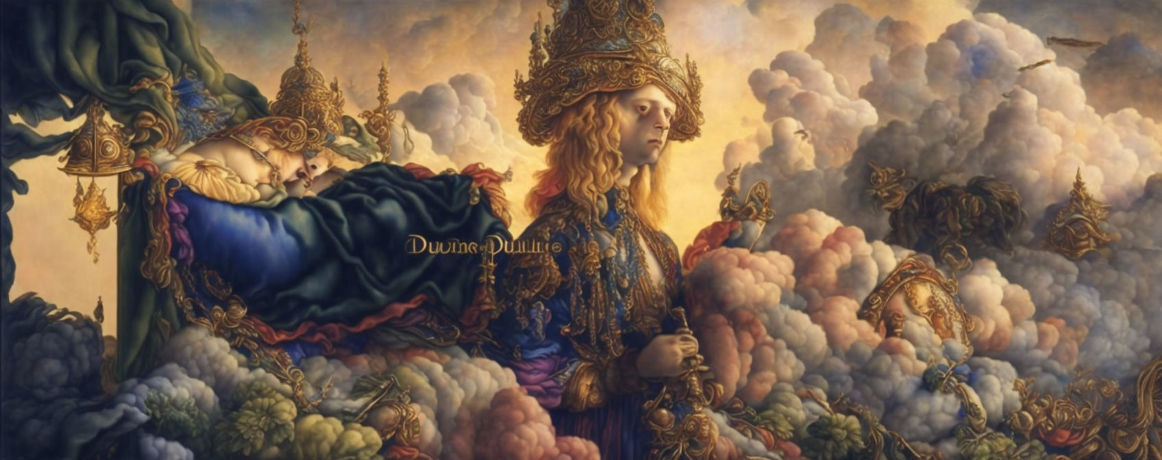 Regal Figure in Golden Attire Holding Key Among Clouds