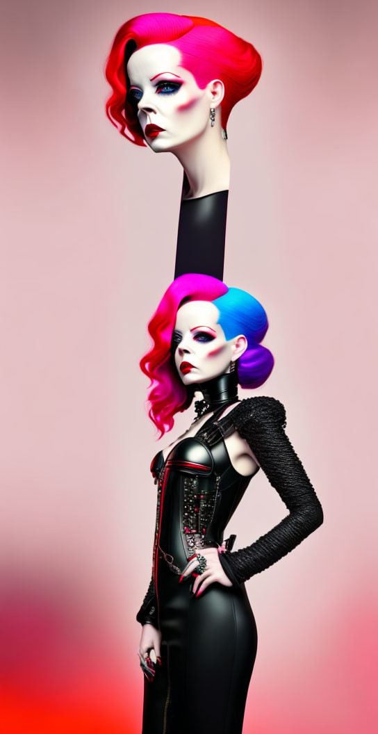 Colorful hair, dramatic makeup: stylized figures in black outfits on pink background