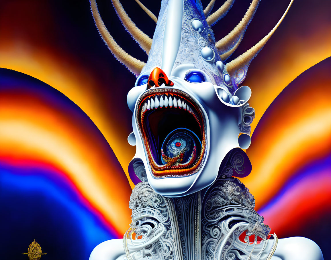 Surreal creature with gaping mouth and intricate spiral on colorful backdrop