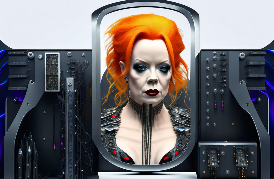 Vibrant orange-haired female android in futuristic setting