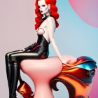 Futuristic female figure with red and white hair in avant-garde pink and black outfit