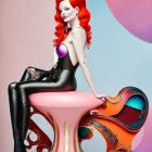 Stylized image of woman with red hair and makeup on pink stool next to red and black chair