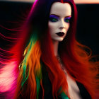 Colorful Portrait of Figure with Rainbow Hair and Dark Makeup Against Twilight Sky