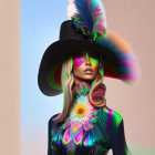 Colorful futuristic person in wide-brimmed hat and reflective sunglasses