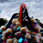 Red-haired woman in gothic attire rides mechanical octopus under cloudy sky