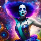 Colorful cosmic portrait with blue-skinned person and glittery makeup against starry backdrop