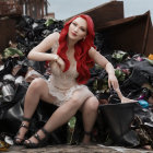 Digital art of character with red and rainbow hair in ornate attire against steampunk backdrop