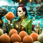 Red-Haired Individual in Green Jacket Among Mannequins Under Surreal Lights