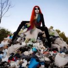 Red-haired person in gothic attire on colorful, mechanical outdoor sculpture