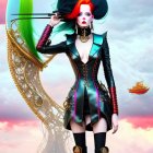 Illustration of woman with multicolored hair in black outfit against sky with floating ships