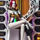 Red-haired female android in high-tech setting with purple lights