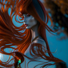 Digital artwork featuring female figure with red hair against blue background