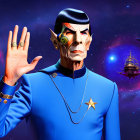 Male character in blue uniform with pointed ears, making Vulcan salute in cosmic setting.