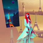 Futuristic woman in colorful outfit with Eiffel Tower backdrop and surreal sky.