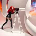 Red-haired woman gazes through telescope against cosmic studio backdrop