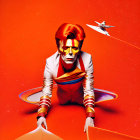 Vibrant red hair and futuristic outfit on stylish figure against orange backdrop with hovering drone