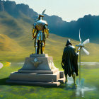 Knights near shield on pedestal in landscape with water and wind turbines