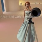 Red-haired woman in pastel room with vintage microphone and blue dress