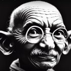 Male figure caricature with features of Mahatma Gandhi and Yoda in black and white.